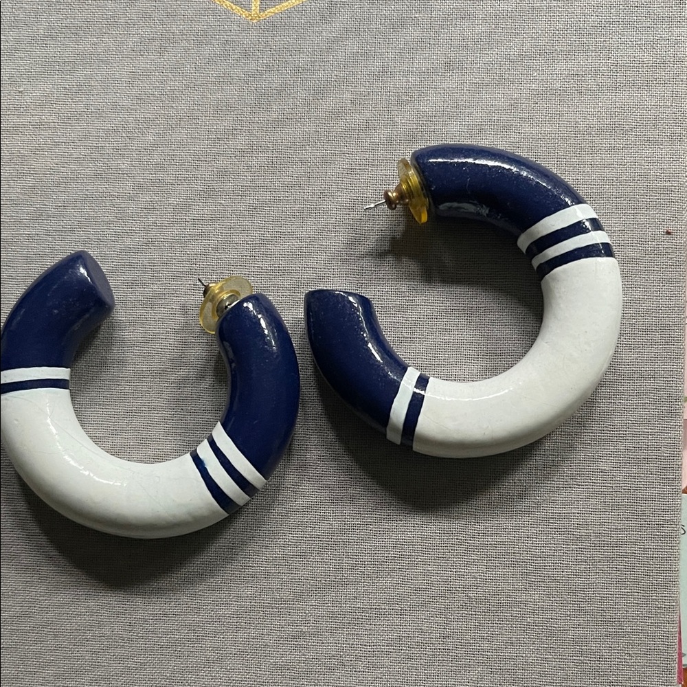 Navy and White Wood Hoop Earrings